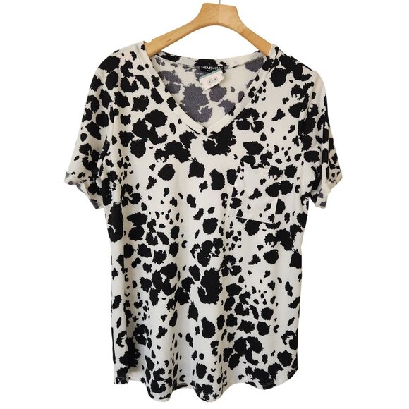 Heimish U.S.A. Tops - Heimish U.S.A. Black & White Cow Print V-Neck Short Sleeve Top Rodeo Ranch